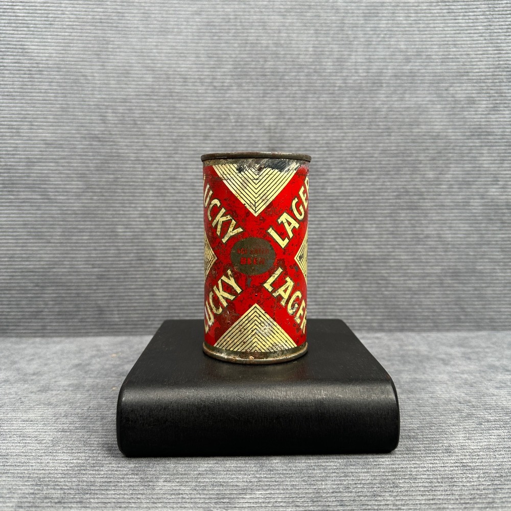 Vintage Lucky Lager Flat Top Beer Can 12oz Red X Design Collectible Breweriana